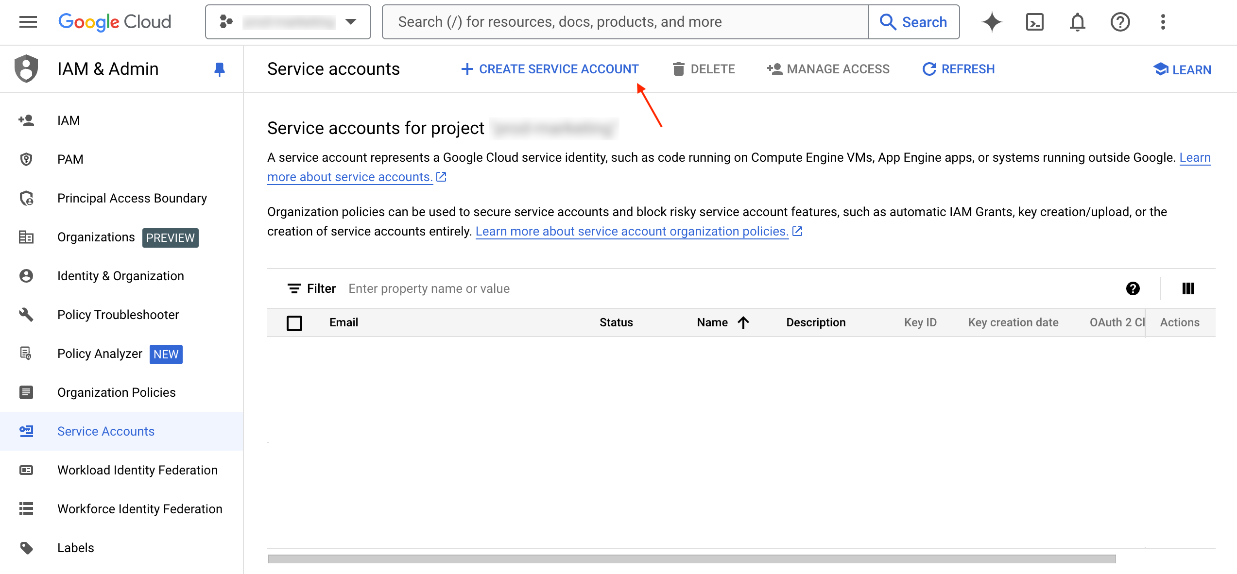 Create a new service account for your project