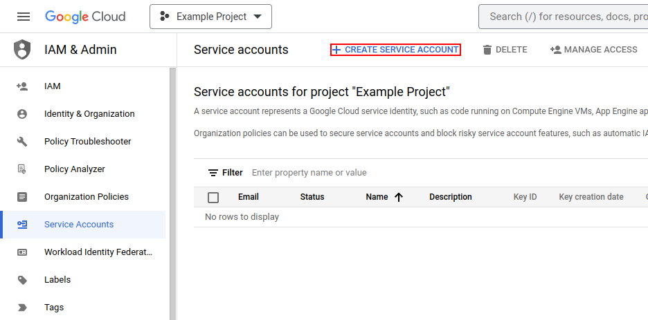 Create a new service account for your project