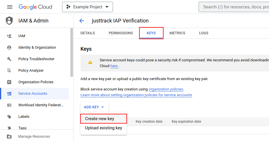 Create a new key for your service account
