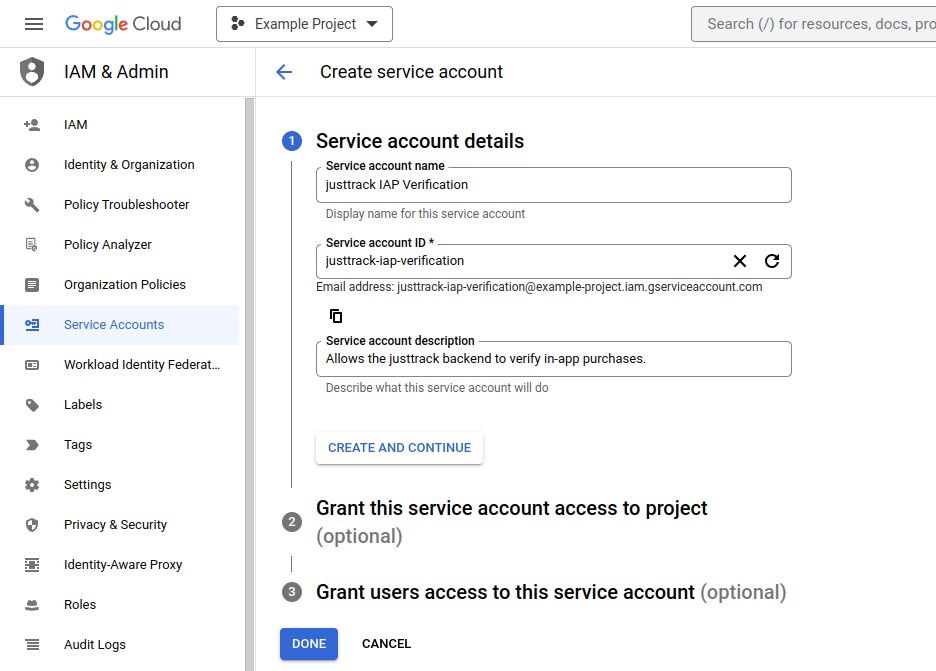 Creating a new service account