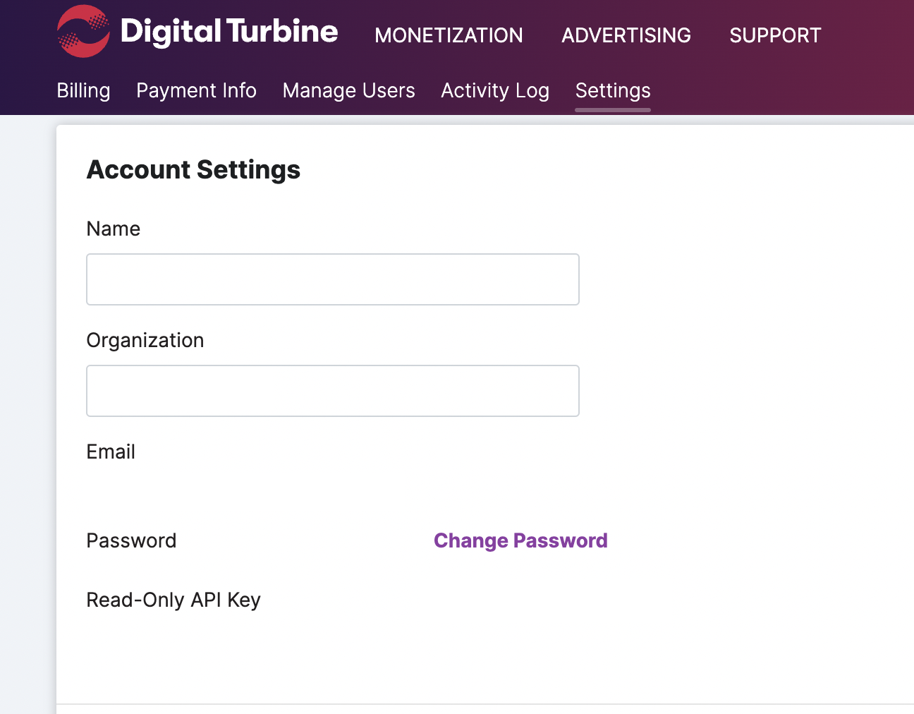 AdColony / Digital Turbine account settings page