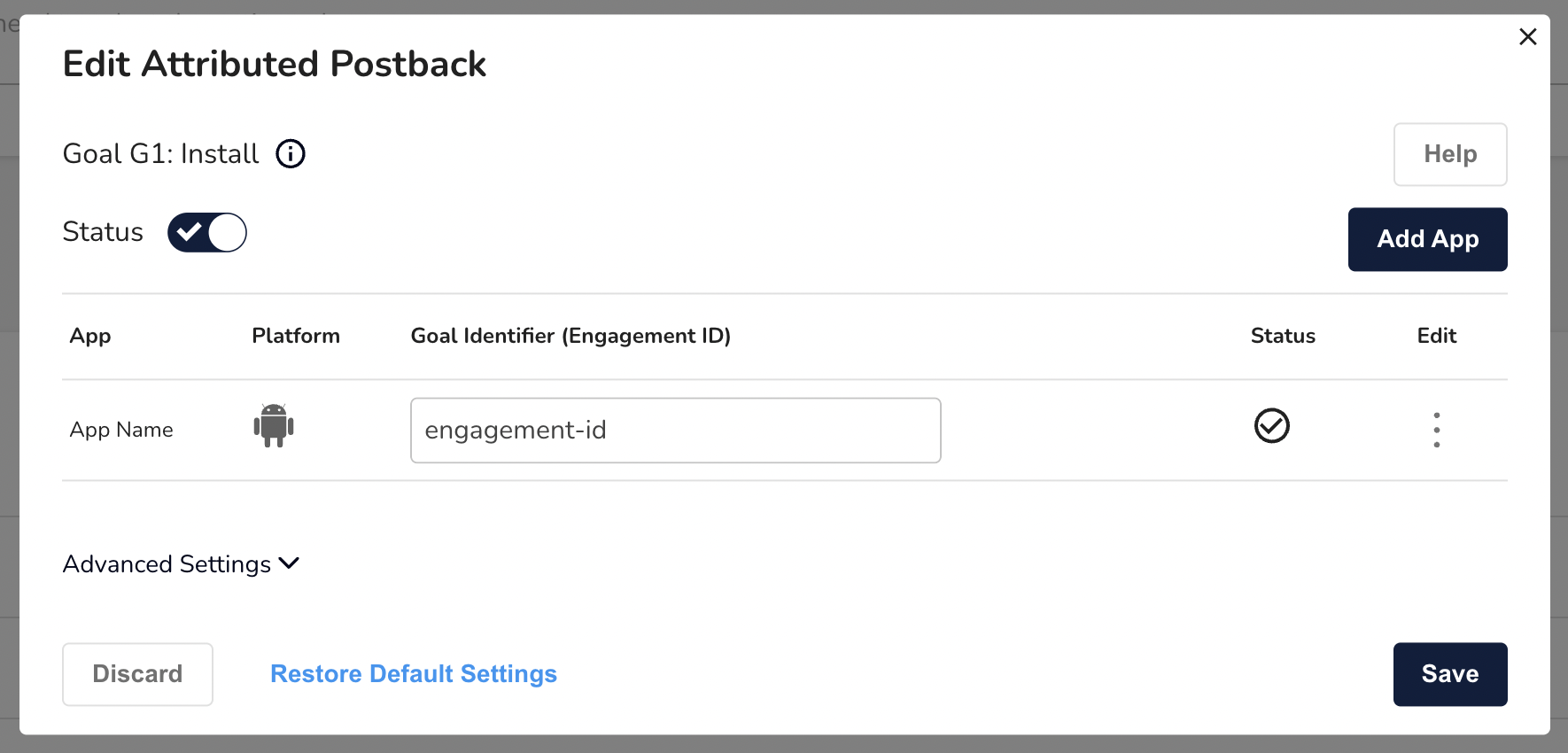 Goal / Postback setting with specific engagement id