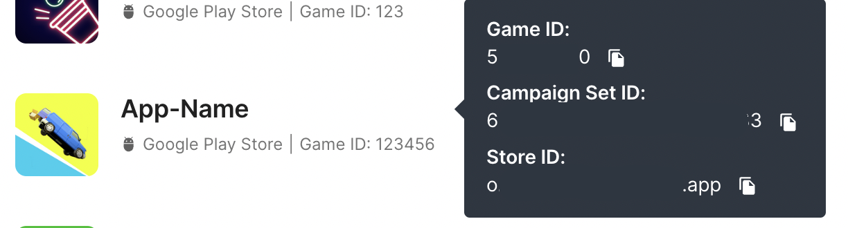 App Overview in Apps Page with Game ID, Campaign Set ID and Store ID. Click **Copy** to copy the value.